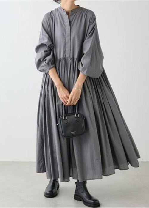 Grey Dress Classy Shirts Solid Cotton Wrinkled Spring
