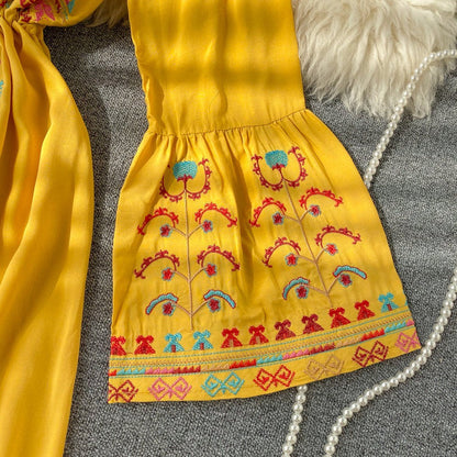 Ethnic Yellow V-Neck Embroidery Drawstring Waist Trumpet Sleeve Dress AR1008