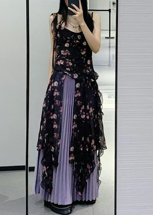 Bohemian Black Ruffled Print Chiffon Two-Piece Set Sleeveless QP030