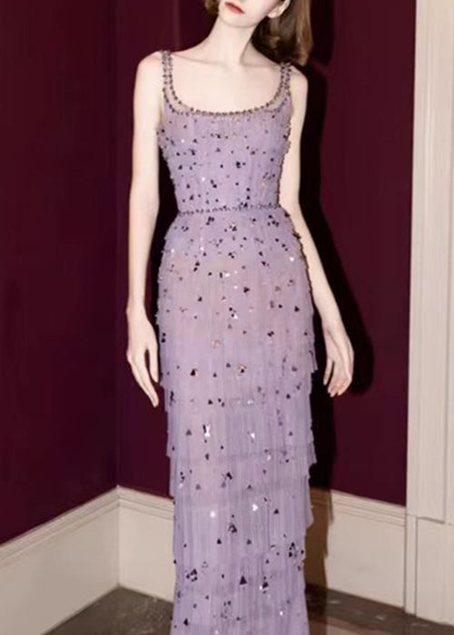 Open Ankle Side Sleeveless Tulle Dress Wrinkled Handmade Purple