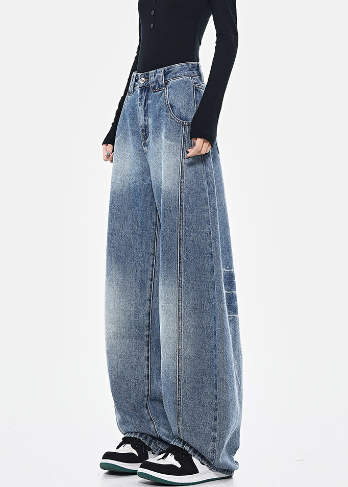 Pants Fashion Pockets High Spring Blue Patchwork Waist Denim