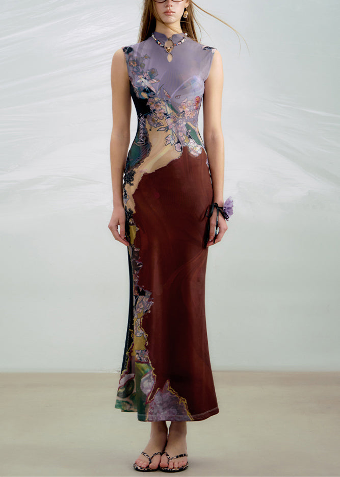 Sides Wear On Long Dress Both Purple Sleeveless Print