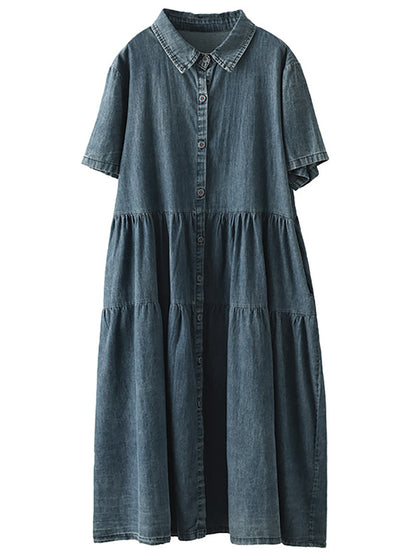 Women Summer Casual Solid Button-up Pleated Dress LL024