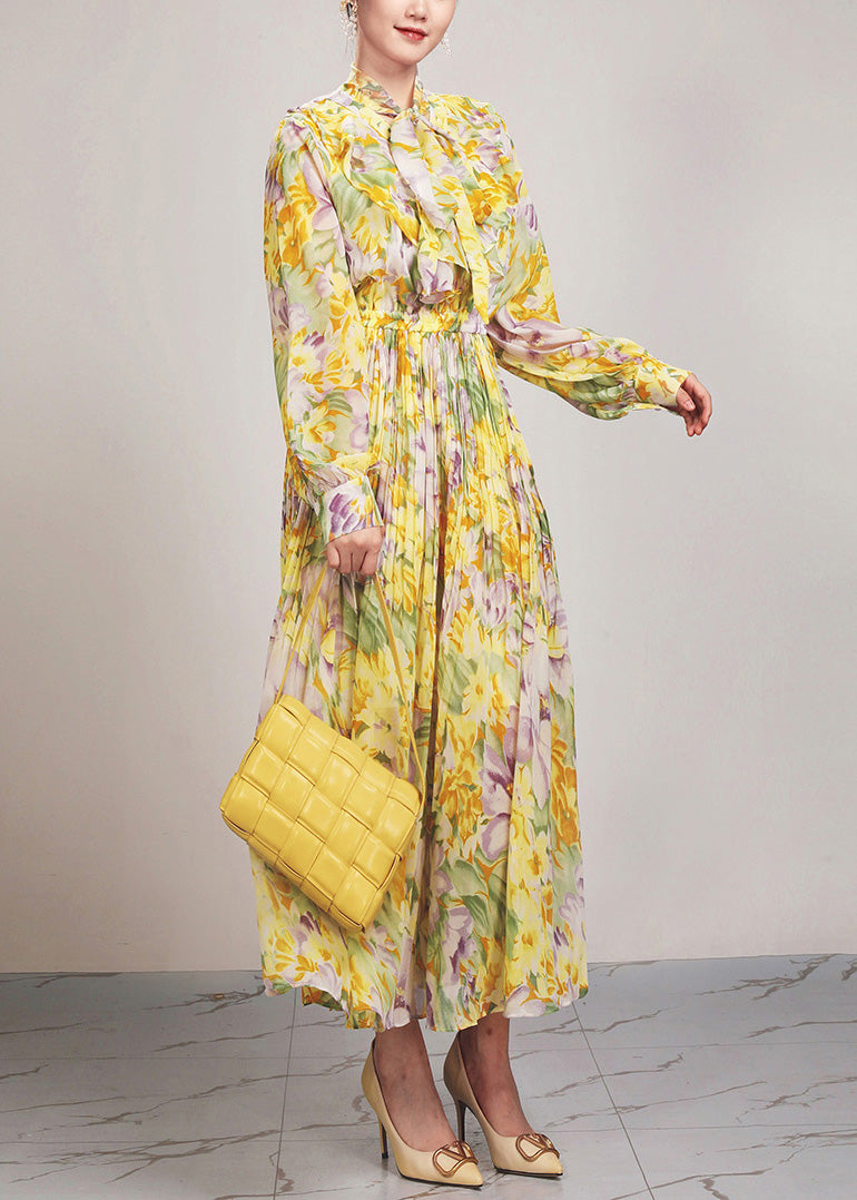 Beautiful Yellow Print Lace Up Chiffon Long Dress Long Sleeve AR1037