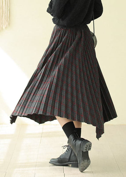 Women Chocolate Elastic Waist Asymmetrical Design Plaid Cotton Skirt Fall AJ1011