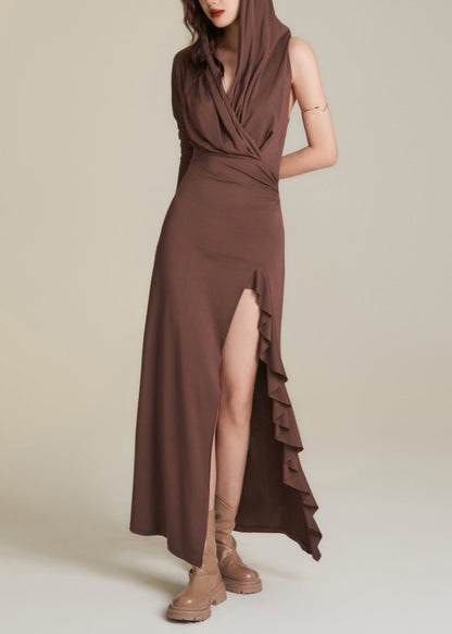 Sexy Chocolate Wrinkled Patchwork Holiday Hoode Long Dress Sleeveless AJ1015