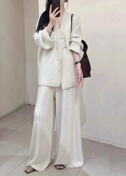 Brief Light Grey V Neck Button Knit Coats And Pants Two Piece Set Fall WV028