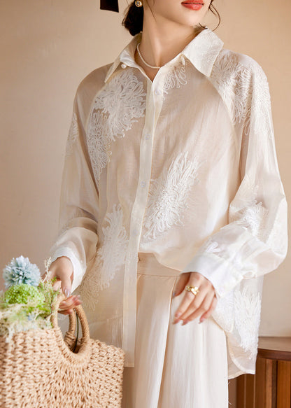 Elegant White Peter Pan Collar Embroidered Button Silk Shirts Fall EE019