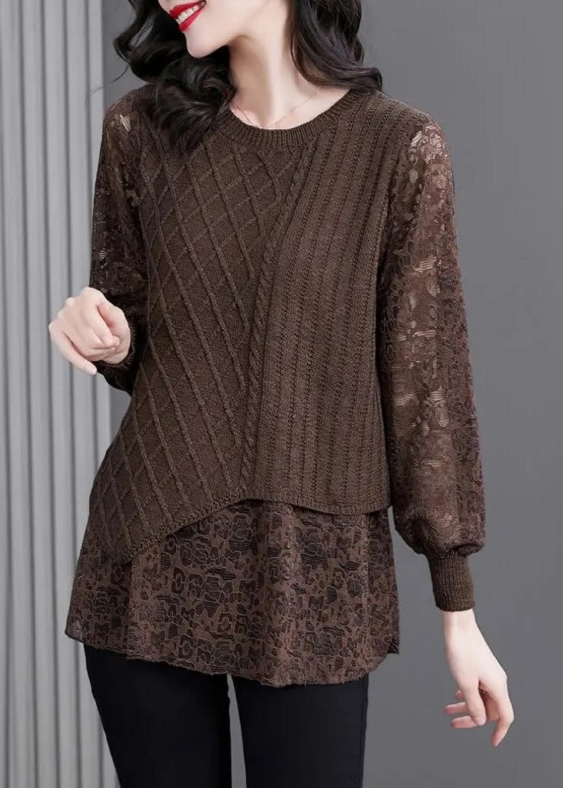 Women Coffee O-Neck Knit Patchwork Fake Two Pieces Top Fall WD029