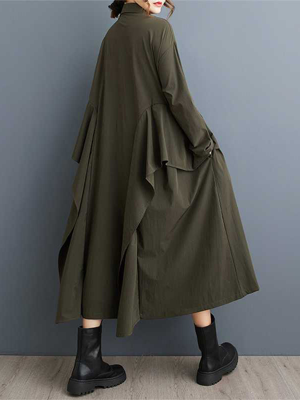 Robe noire unique à manches longues et revers boutonnés, bordure à volants et patchwork TW018 