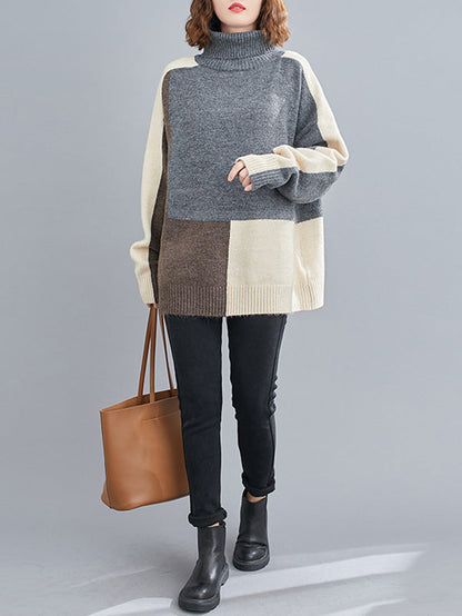 Stylish Grey High-Neck Color-block Long Sleeve Knit Sweater AN1043