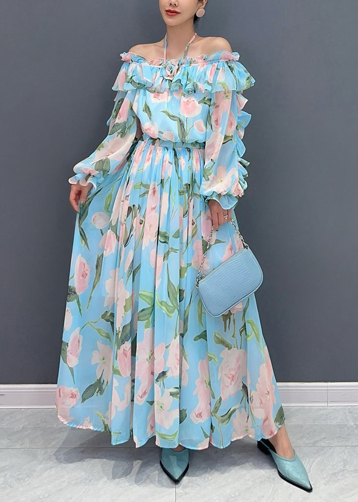 Fashion Blue Cold Shoulder Ruffled Patchwork Chiffon Dresses Long Sleeve AO1008