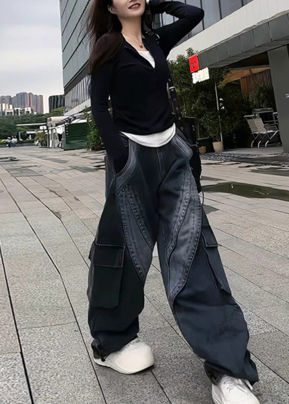 Mit Hose Schwarz Denim Classy Spring Taschen Übergroß 