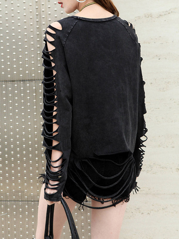 Black Sleeves T-shirt Out Long Round-neck Street Loose Hollow