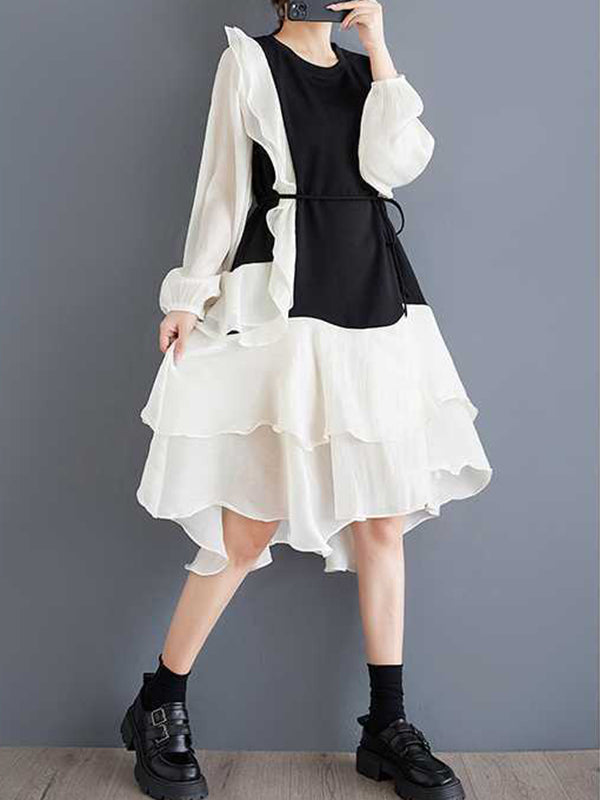 Schickes schwarzes Patchwork-Kleid mit Rundhalsausschnitt, kontrastfarbenem Rüschenbesatz und High-Low-Langarm TW019 