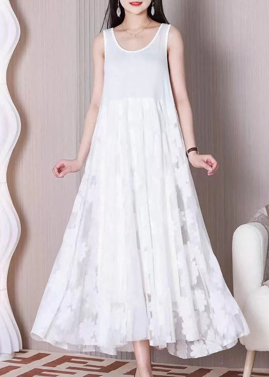 Robe en coton patchwork en tulle blanc à col rond pour l'été TT1026 