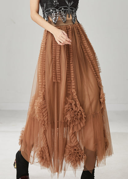 Classy Brown Ruffled Stereoscopic Floral Tulle Skirt Spring TT1016