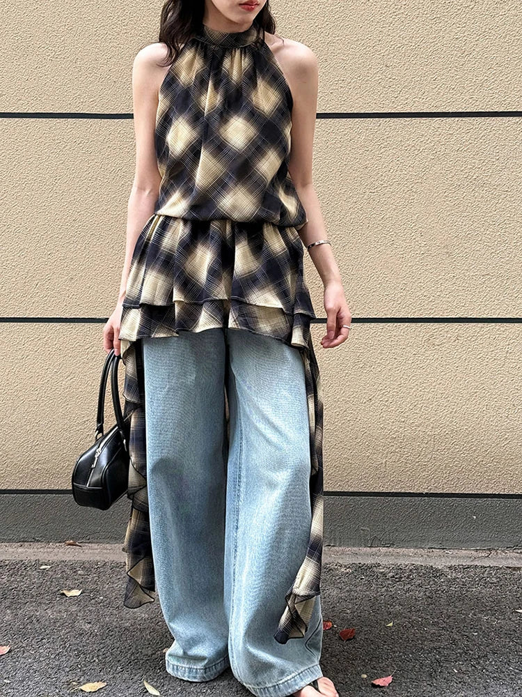 Asymmetrisches Khaki Plaid Neck Sleeveless Top High-Low Uniaue Halter 