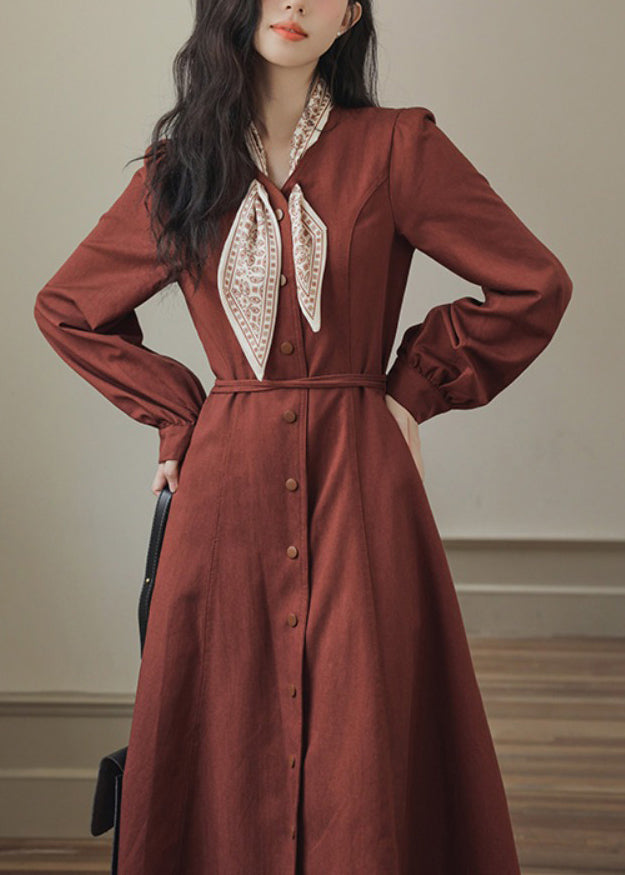 Fit Slim Pockets Dress Bow Red Spring Maxi Button