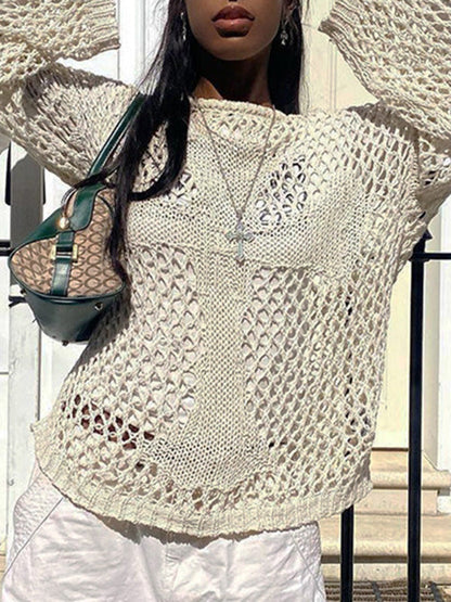 Punk White Round-Neck Hollow Out Cross Knit Long Sleeve Top AN1063