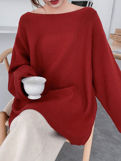 Loose Burgundy Round-Neck Long Sleeve Knit Top AN1071