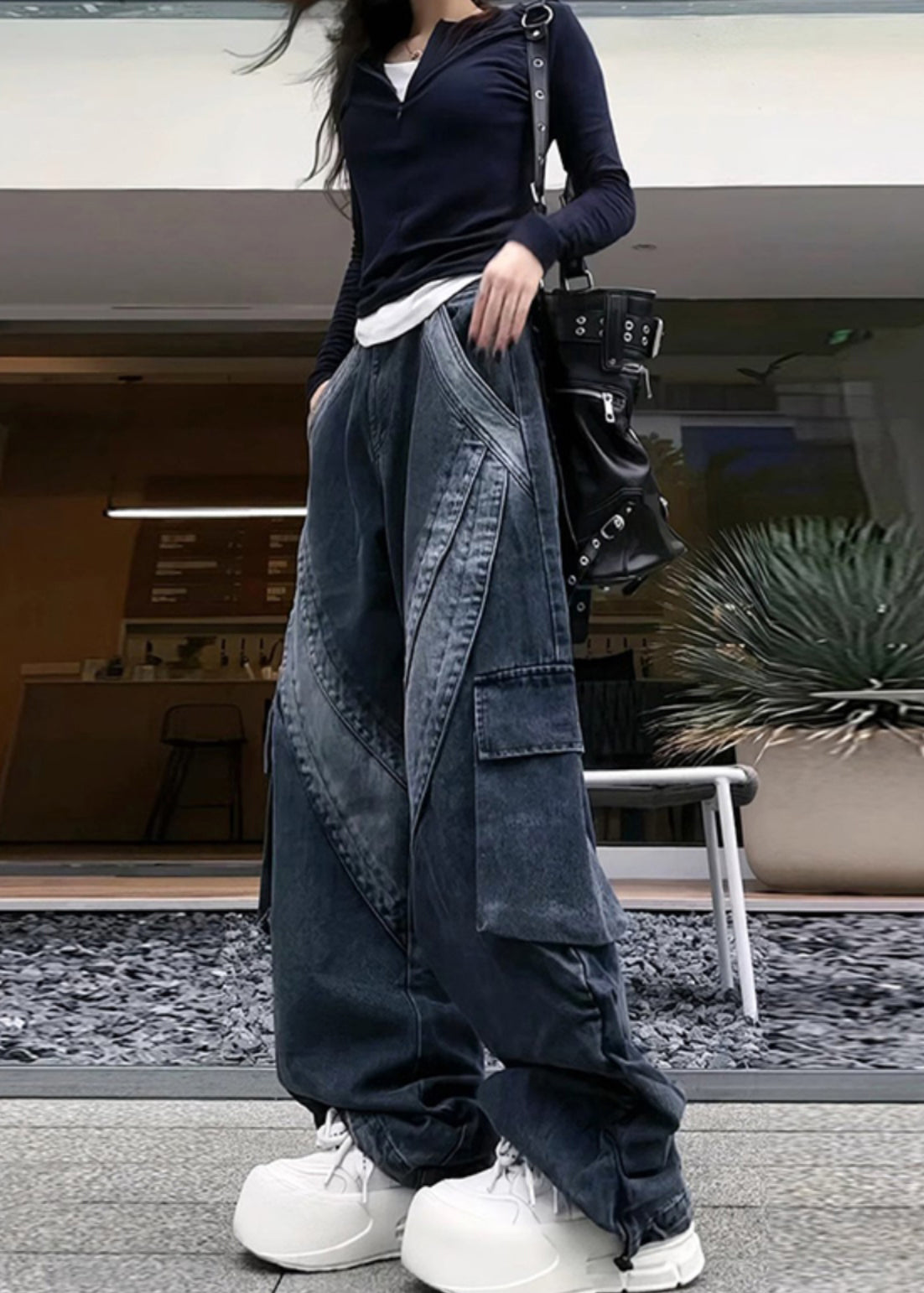 Mit Hose Schwarz Denim Classy Spring Taschen Übergroß 