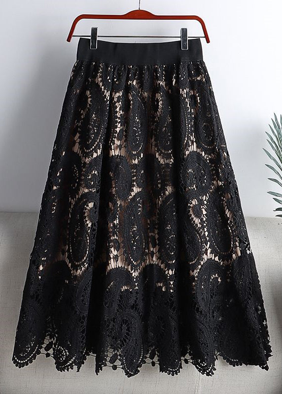 Women Black Hollow Out Elastic Waist Lace Skirts Spring TT1037