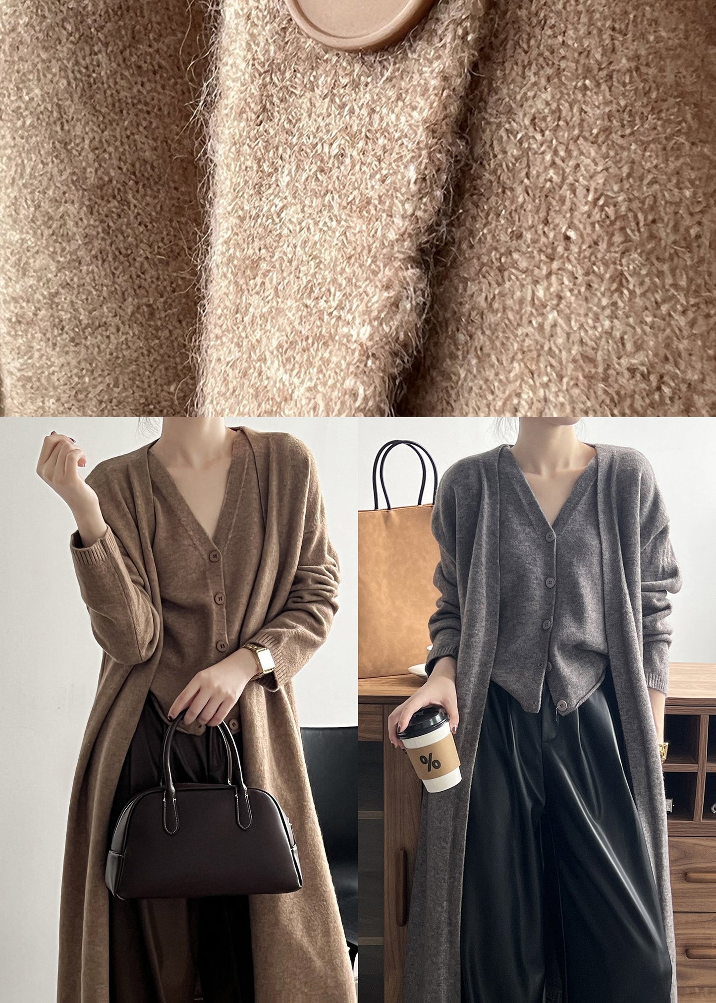 Loose Camel V Neck Tank And Cardigan Knit Two Piece Set Fall AF1097