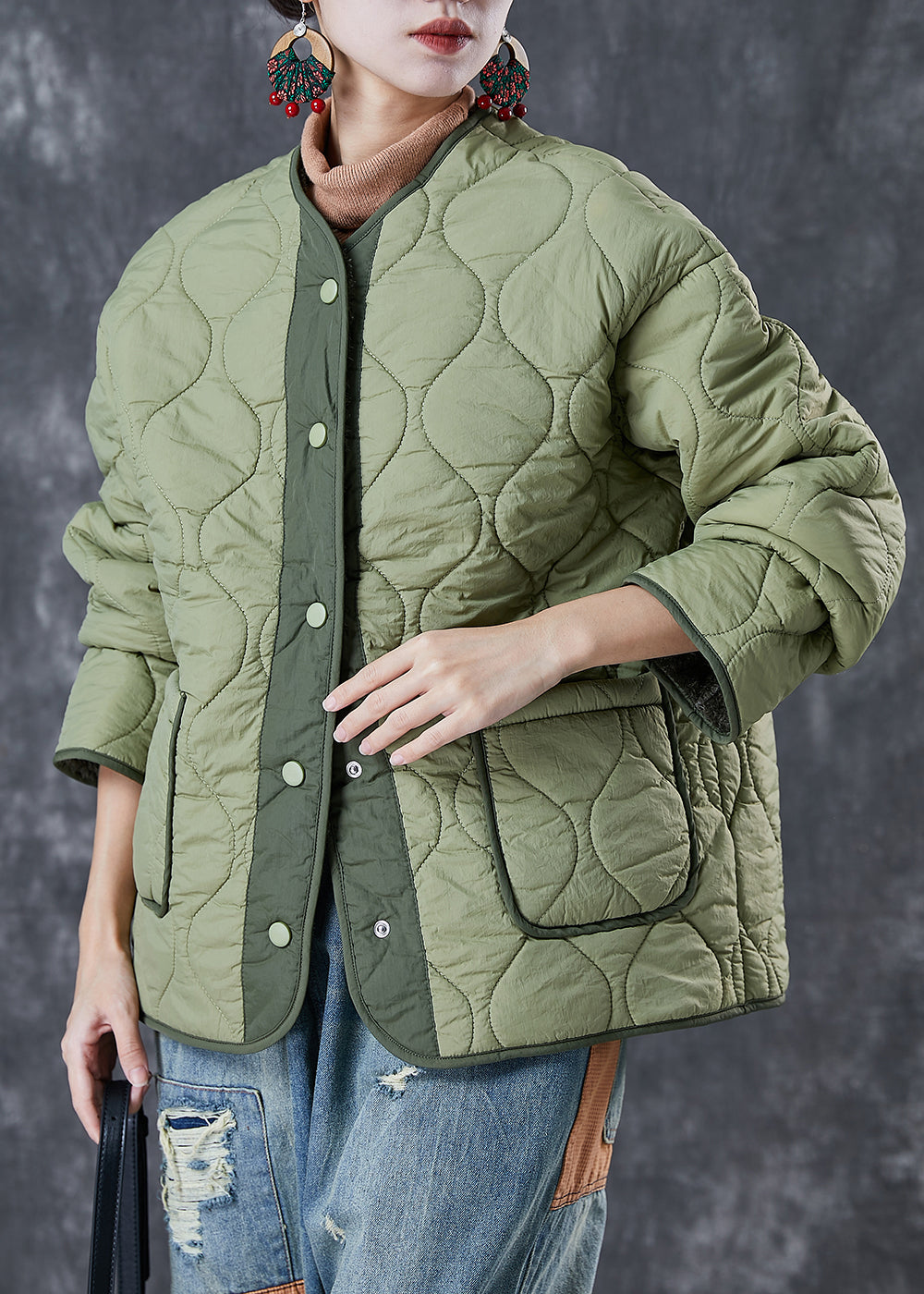 Chic Hellgrün Dicke Patchwork Warme Fleecejacke Winter 