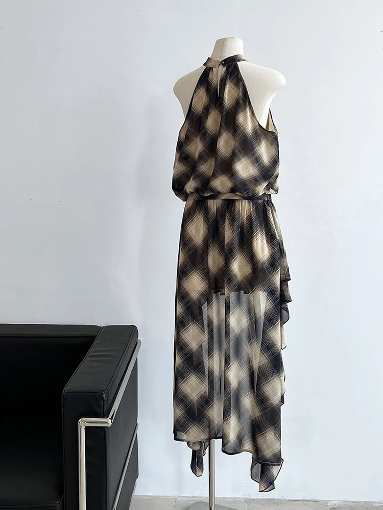 Asymmetrisches Khaki Plaid Neck Sleeveless Top High-Low Uniaue Halter 