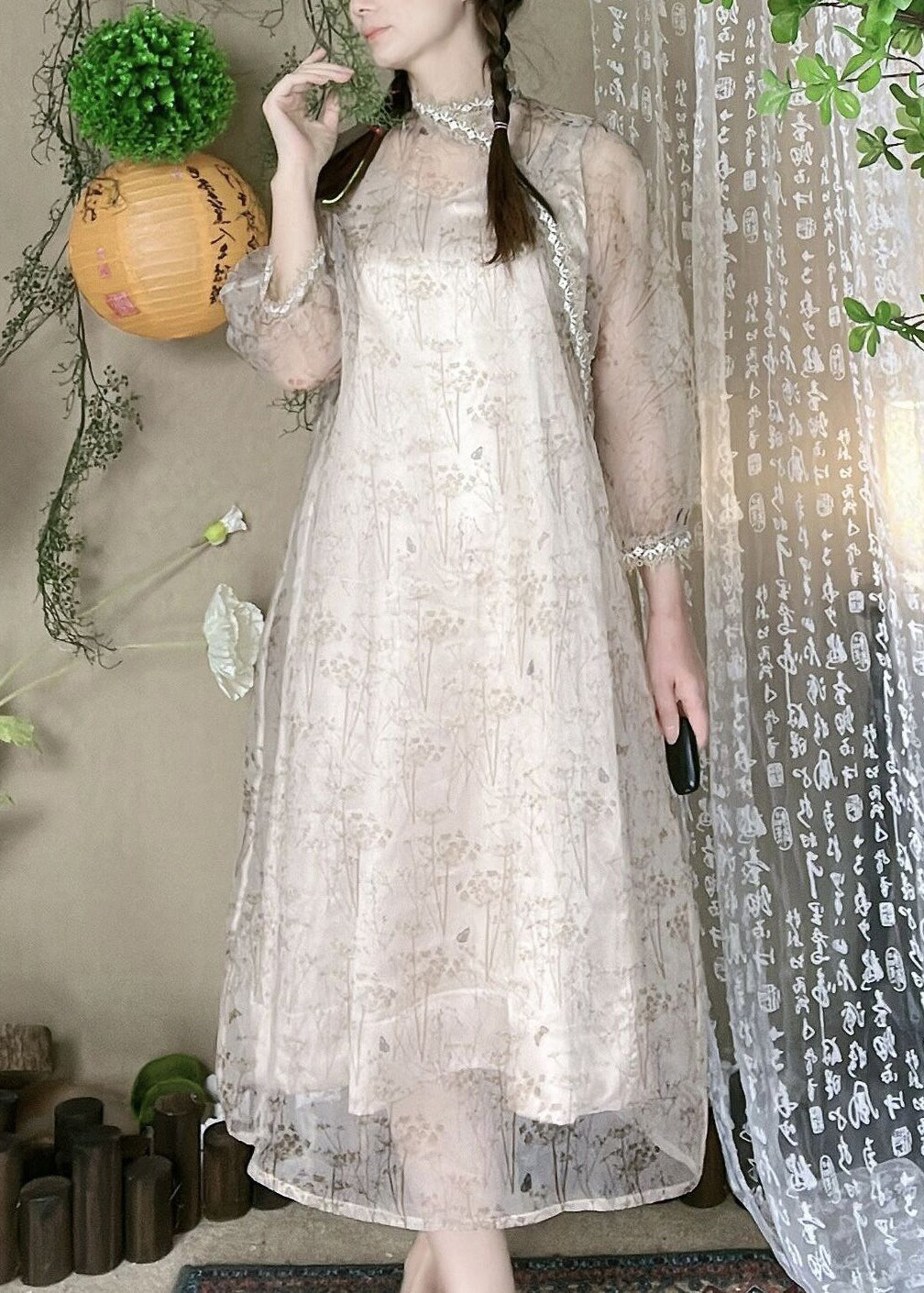 Elegantes Print Lace Patchwork Tüll Zweiteiliges Set Armband Ärmel NN037 