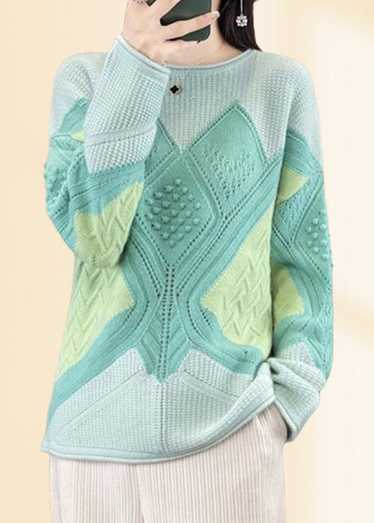 Magnifique pull en tricot de coton à carreaux vert à col rond Automne QP018 