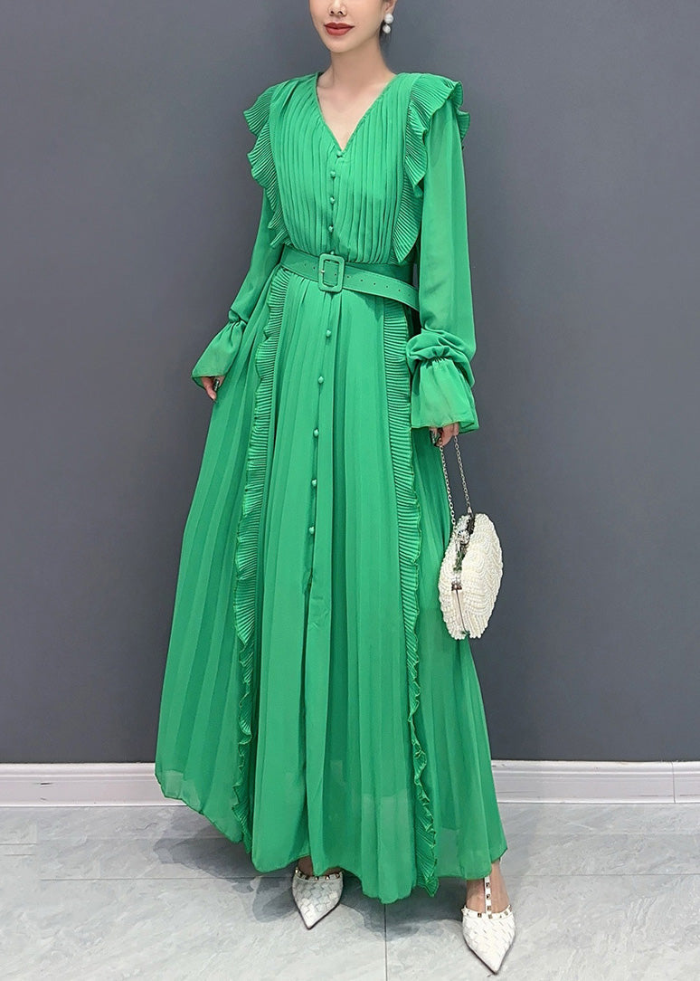 New Green Ruffled Button Sashes Chiffon Dress Long Sleeve AR1033