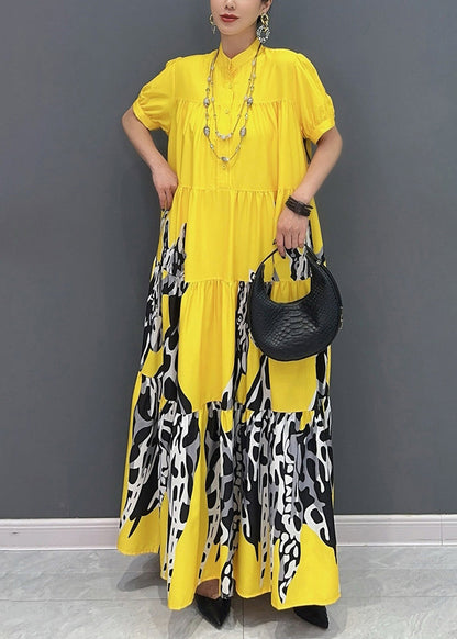 Modern Yellow Print Patchwork Long Dresses Summer AO1051