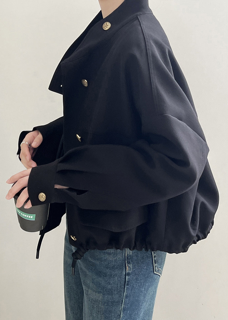 Black Button Cotton Jacket Stand Collar Drawstring Fall AF1083