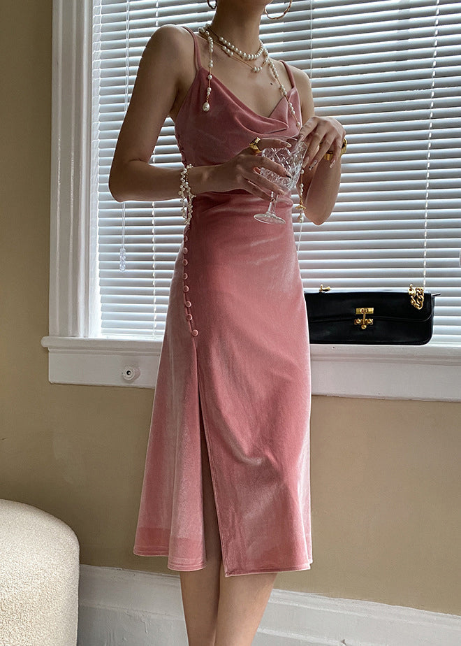 Sexy Pink Button Side Open Silk Velvet Spaghetti Strap Dress Sleeveless AF1020