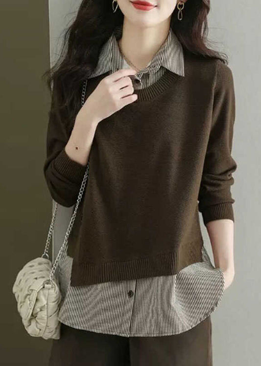 Natural Coffee Peter Pan Collar Patchwork Fake Two Pieces Wool Knit Shirt Fal WD038