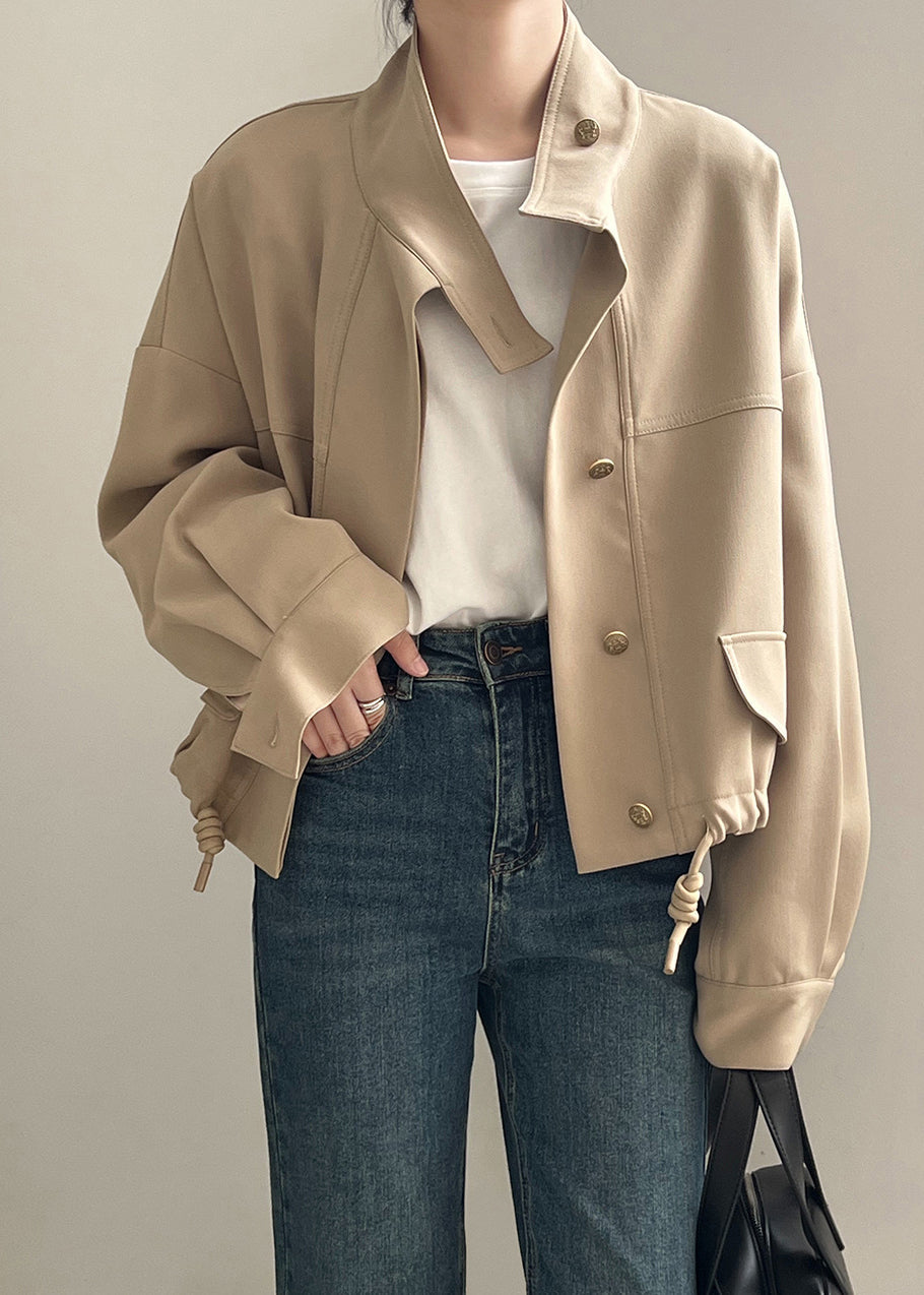 Casual Khaki Stand Collar Drawstring Cotton Coat Outwear Fall AF1013