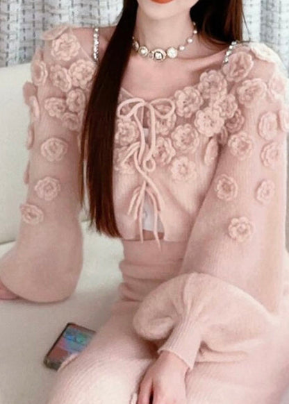 Beautiful Pink Floral Lace Up Knit Sweaters Fall RY014