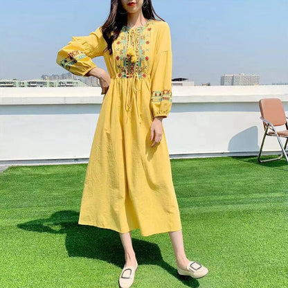 Ethnic Yellow Crew-neck Embroidery Raglan Long Puff Sleeve A-line Dress AR1006