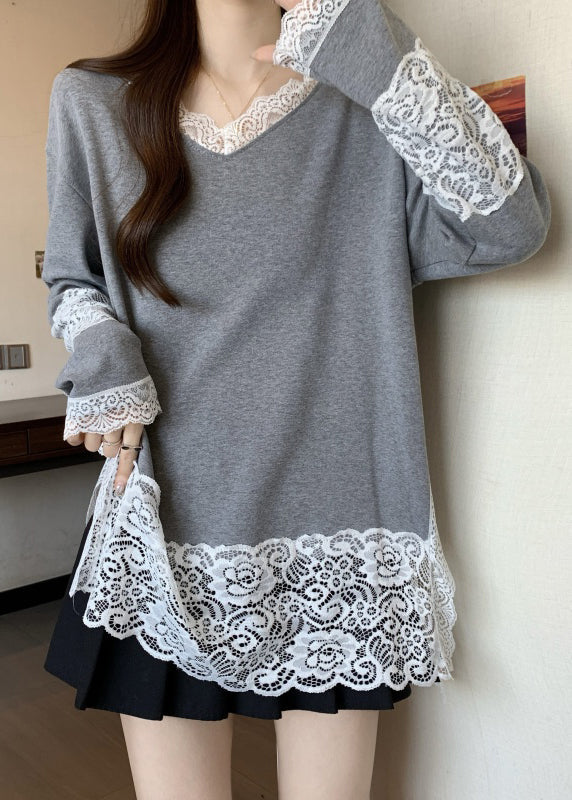 T-shirt gris français à col en V et dentelle patchwork en coton, printemps TW011
