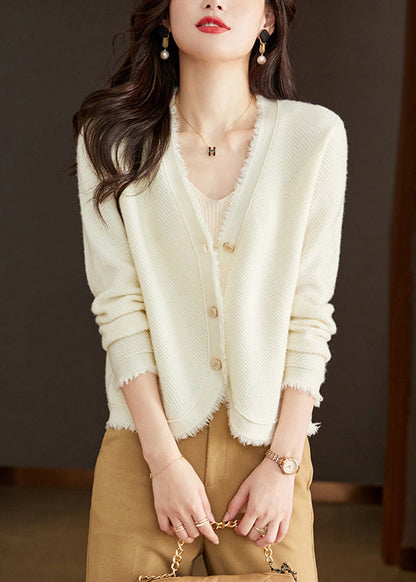 New Beige V Neck Button Solid Wool Knit Cardigan Fall RY020