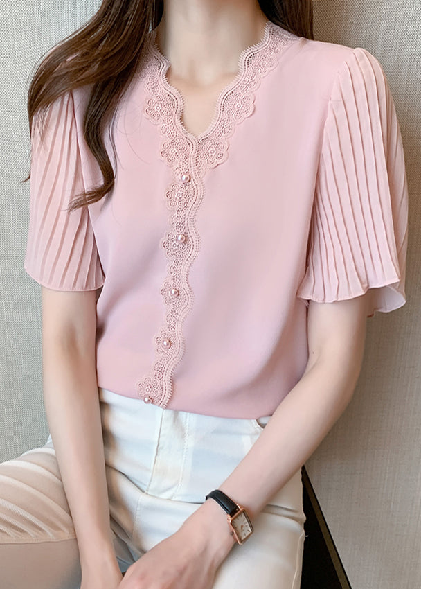 Italian Shirt Summer Bead Pink Lace Chiffon Nail Patchwork Top