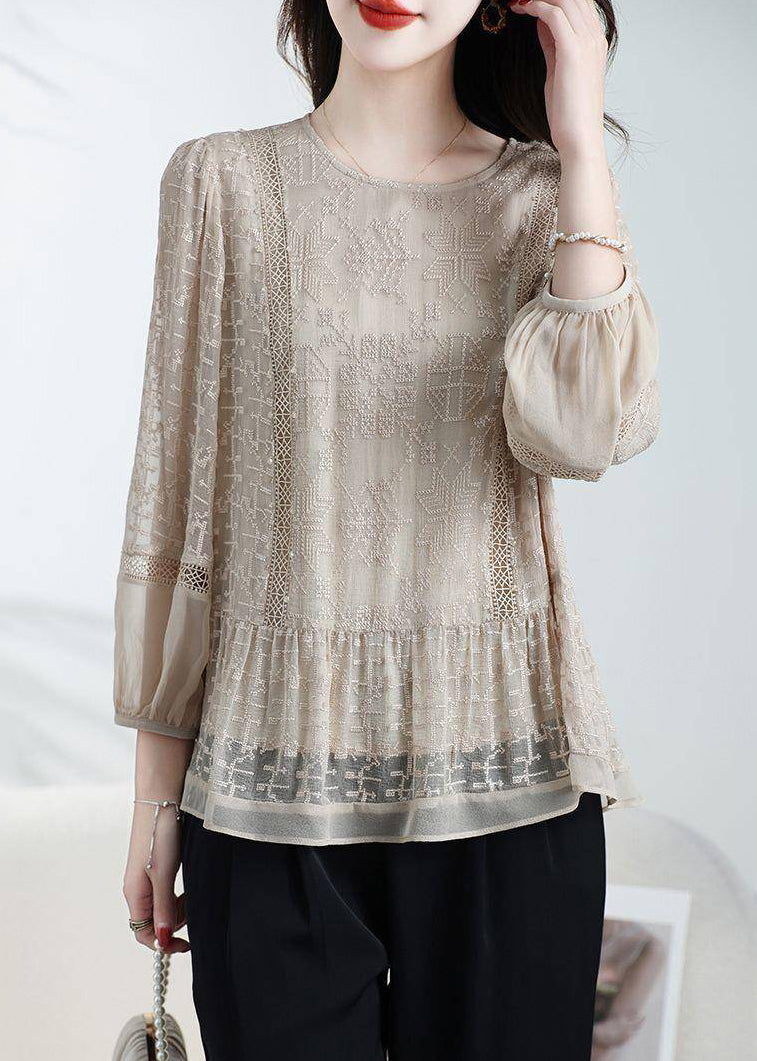 Loose Coffee O-Neck Embroidered Patchwork Silk Top Bracelet Sleeve WD025