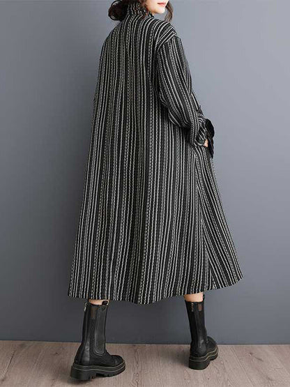 Design Black Lapel Flower Pockets Striped Long Sleeves Zip-up Dress WS010