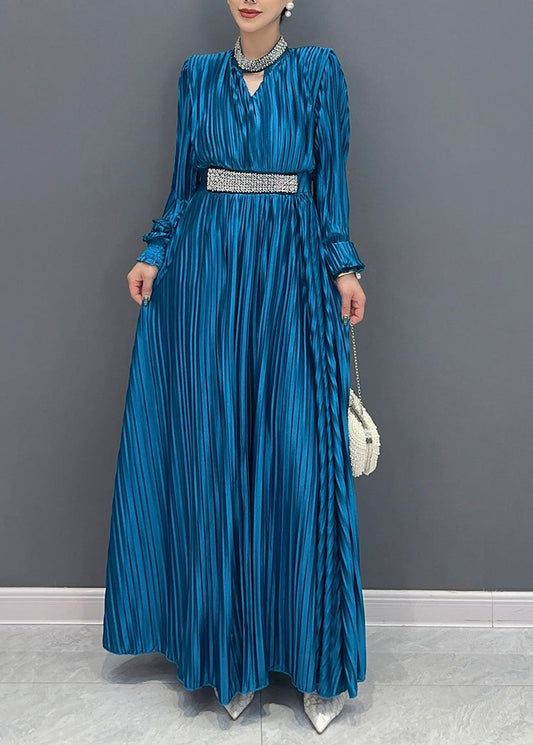 Elegantes blaues V-Ausschnitt-Maxikleid mit langen Ärmeln AY1043