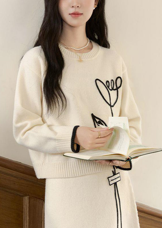 Stylish Beige O Neck Sweaters And Skirts Knit Two Pieces Set Winter WV012