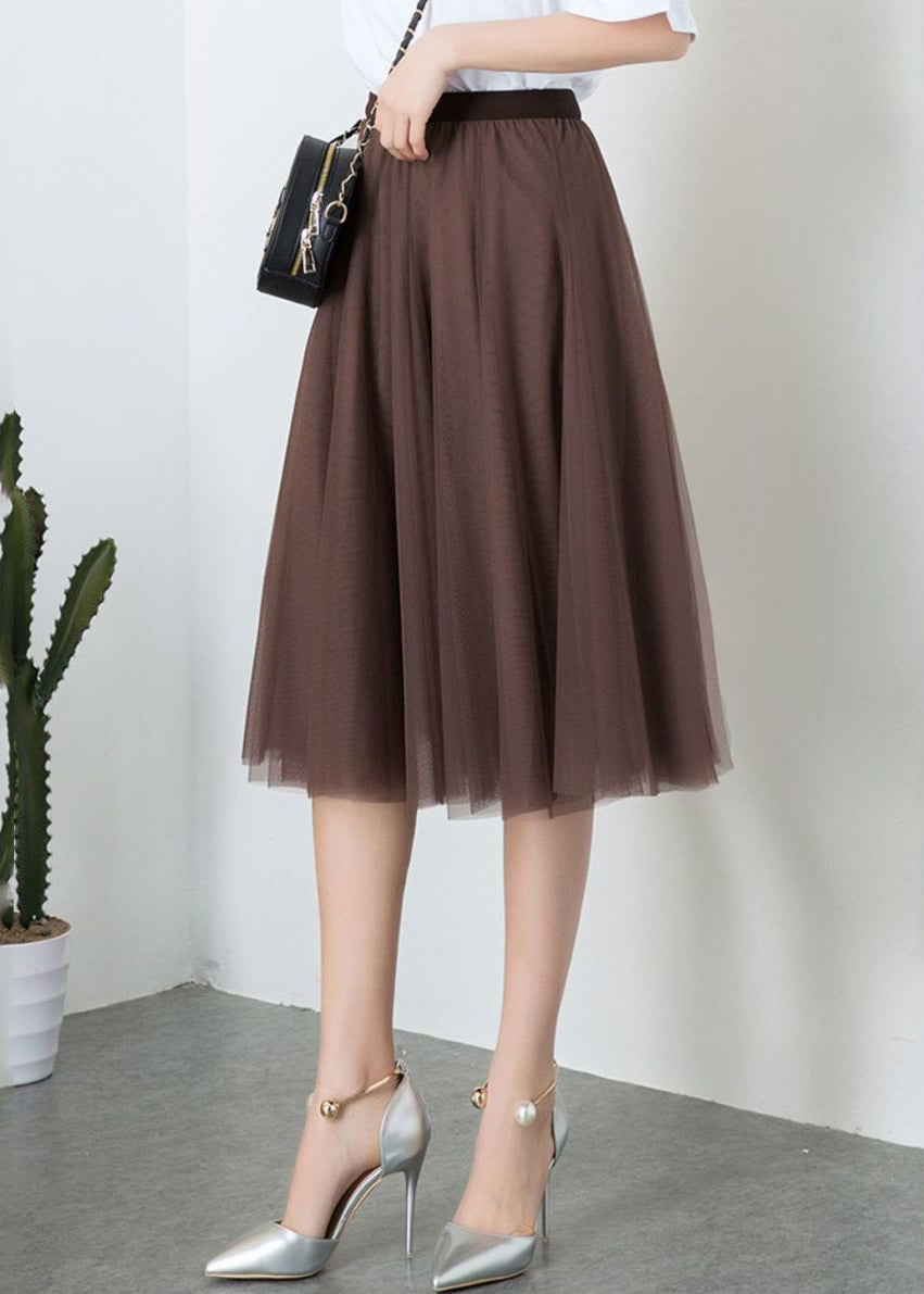 Jupe plissée en tulle à taille haute et ourlet extra large marron tendance printemps TT1034 