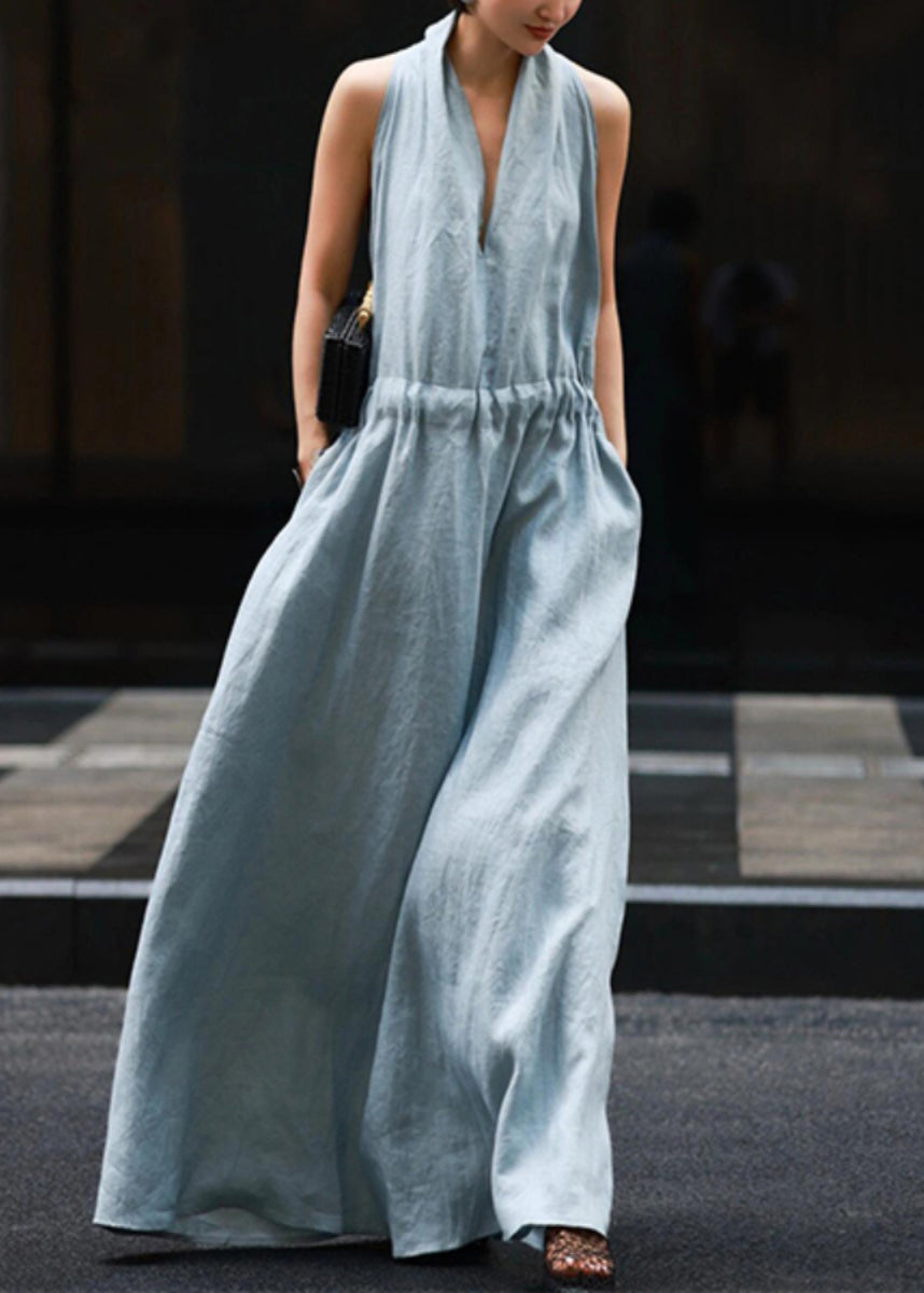 New Light Linen Solid Dresses Blue Robe Waist Tie Pockets