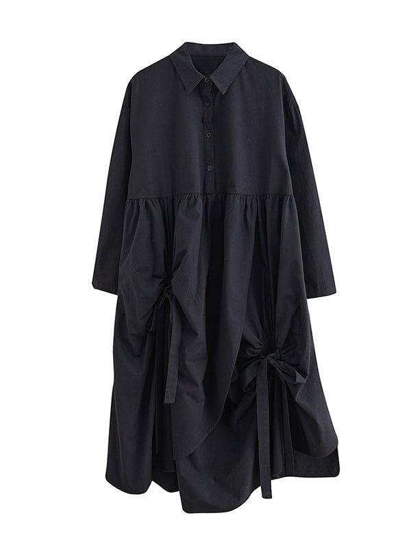 Stylish Black Lapel Buttoned Drawstring Pleated Tied Pockets Sleeves Shirt Dress WS004